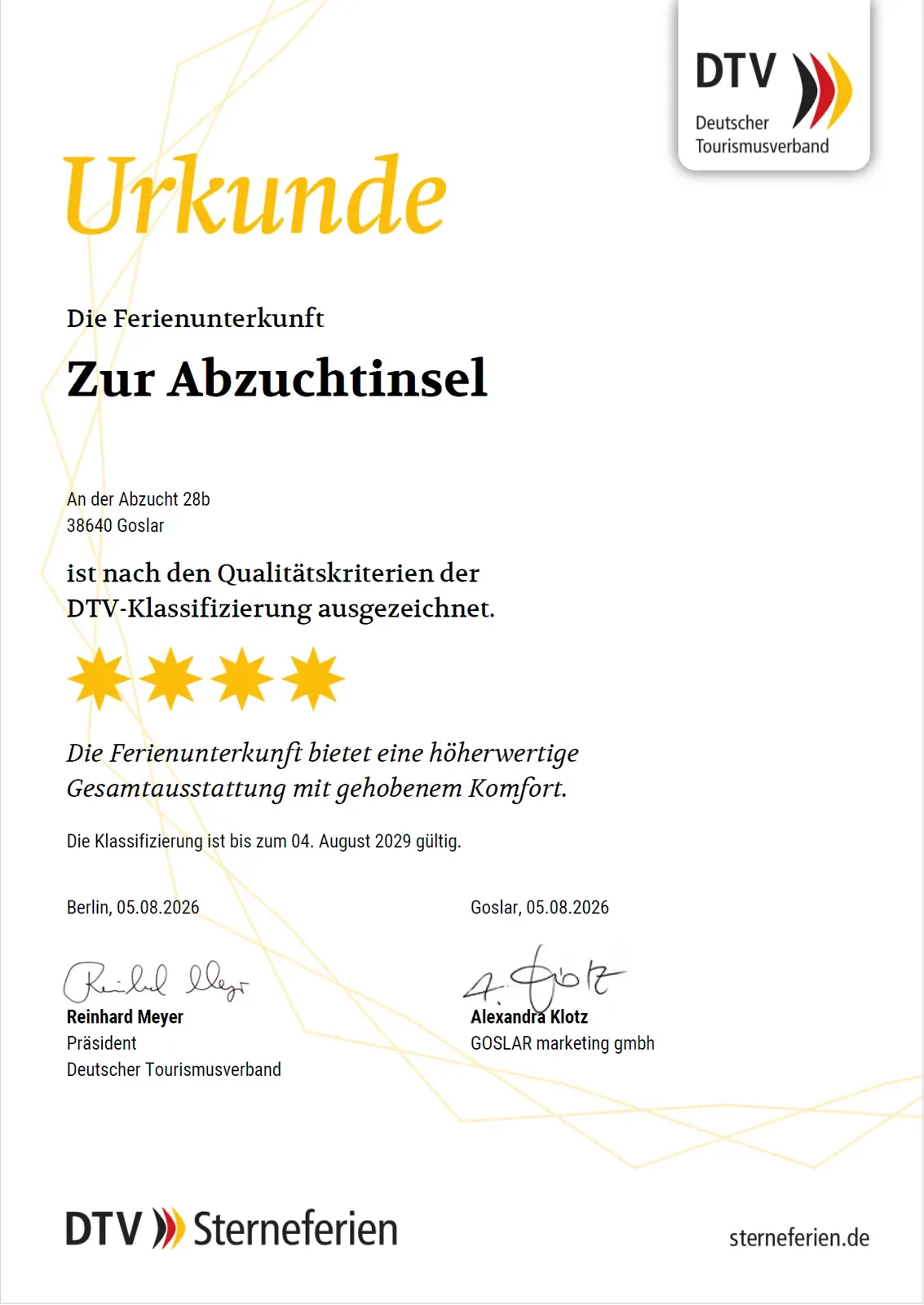 Urkunde der DTV-Klassifizierung für das Ferienhaus Zur Abzuchtinsel